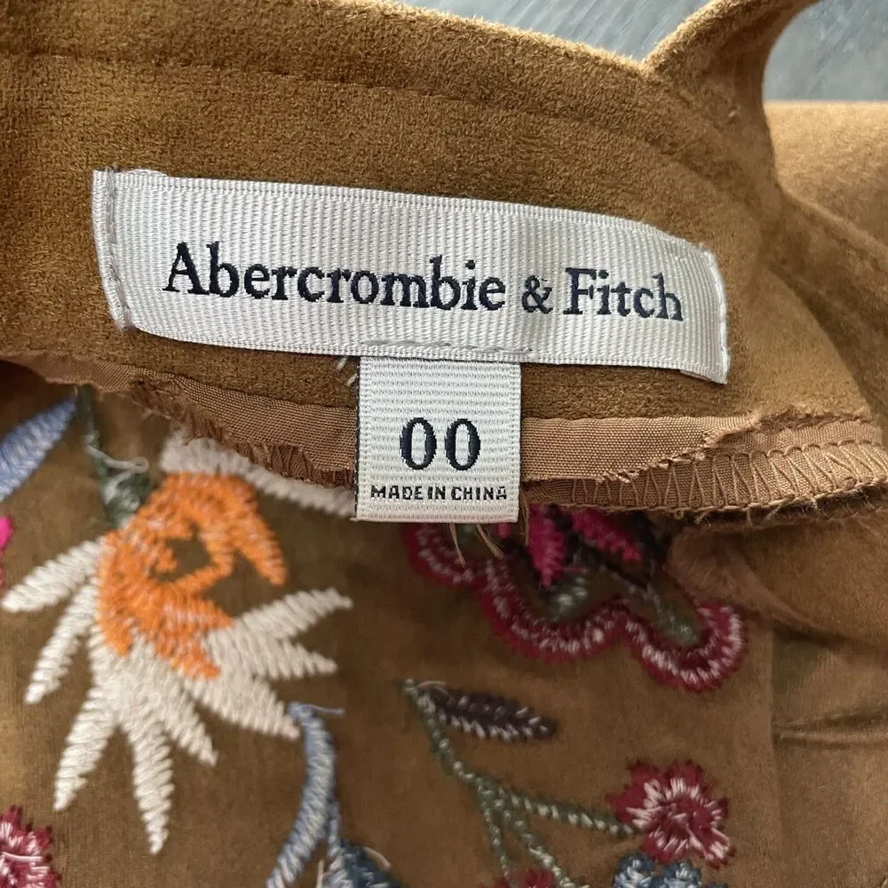 Abercrombie and Fitch Womens 00 Faux Suede Floral Embroidered Boho Dress 90s Y2K